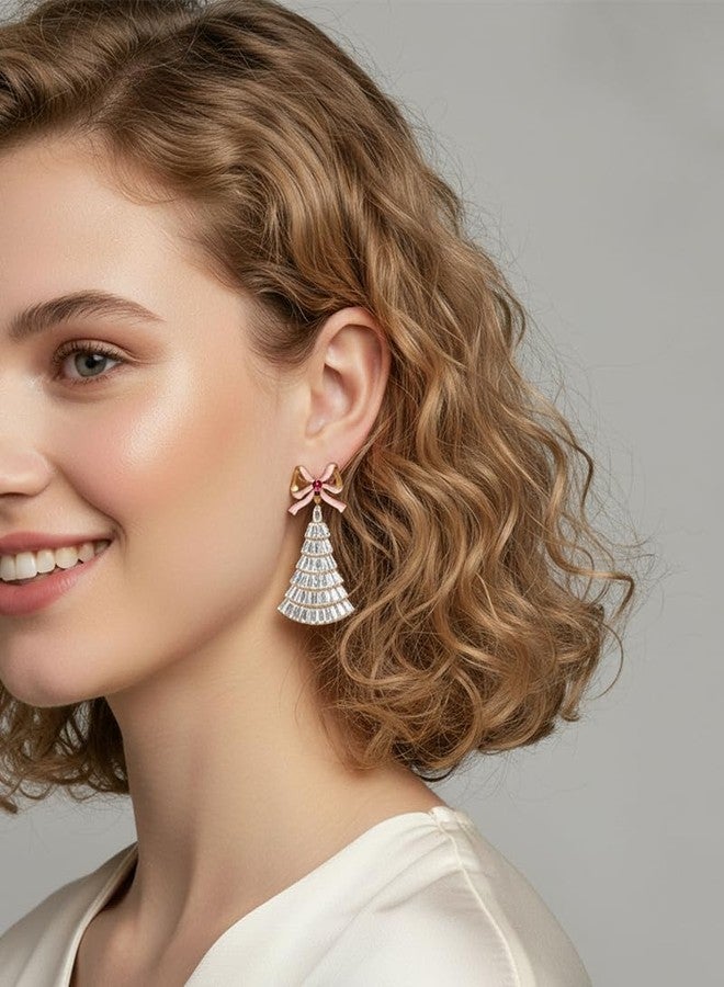 FAUTHENTICUTE Christmas Tree Earrings for Women Pink Enamel Bow Stud With A Clear Rhinestone Tree Dangle Holiday Statement Earrings Cute Christmas Jewelry - Image 2